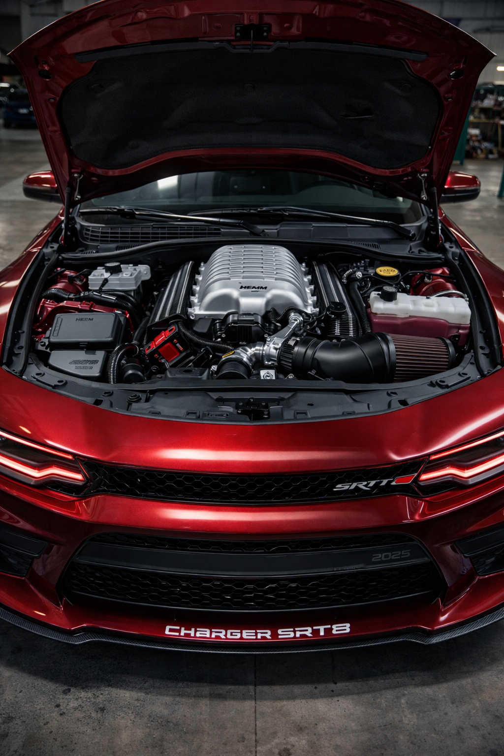 Motor Dodge Charger SRT8 rojo con capó abierto, destacando el motor HEMI.