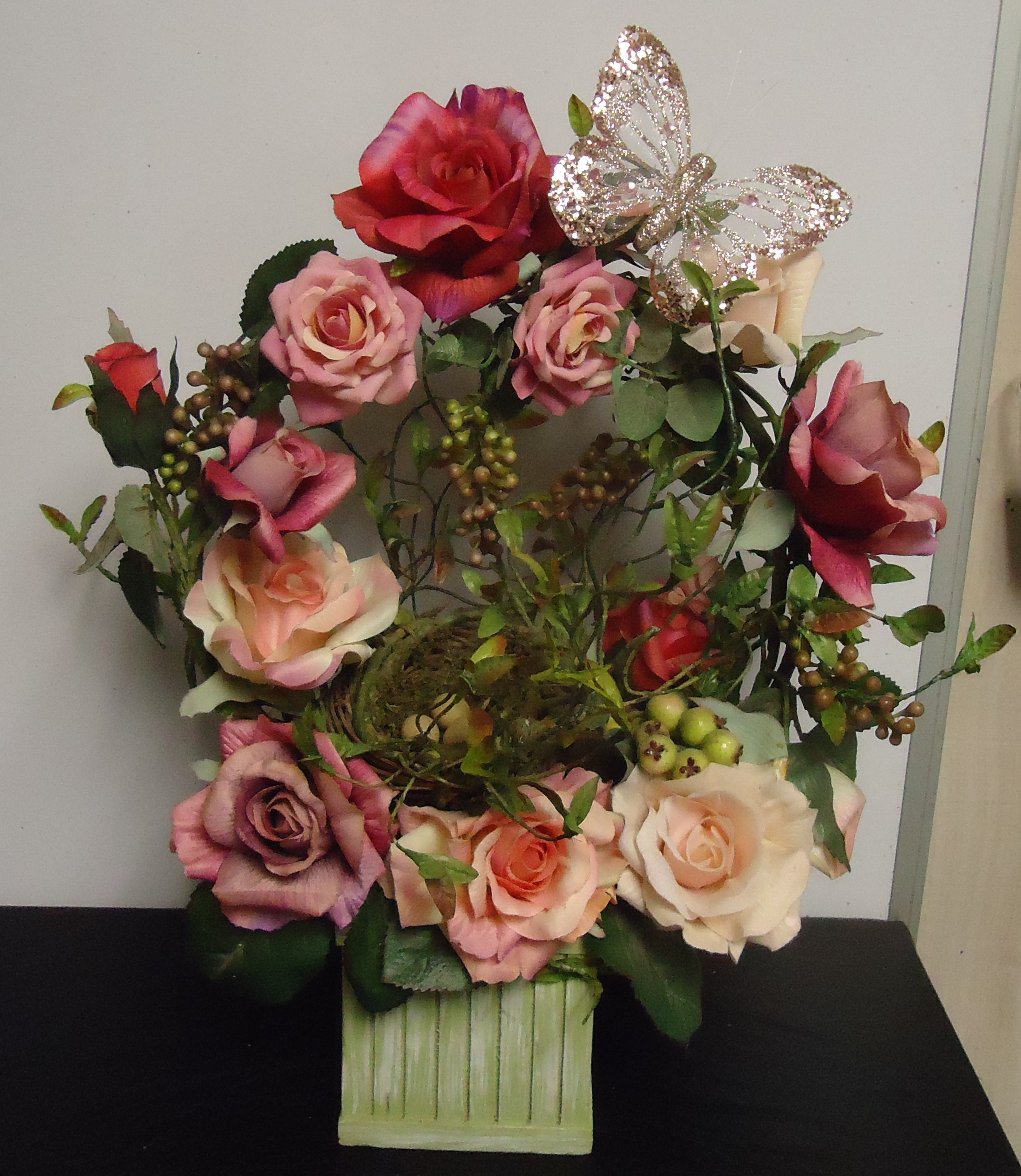 (3) "Silk" Rose Arrangement
W/ Butterfly & Bird-Nest
$32.50