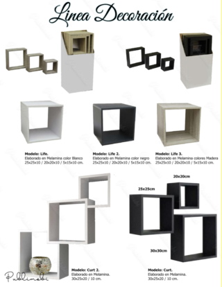Juego de 3 repisas, elaboradas en Melamina. 
Mide: 35x35 cm  cubo grande.
              30x30 cm  cubo mediano.
              25x25  cm cubo chico