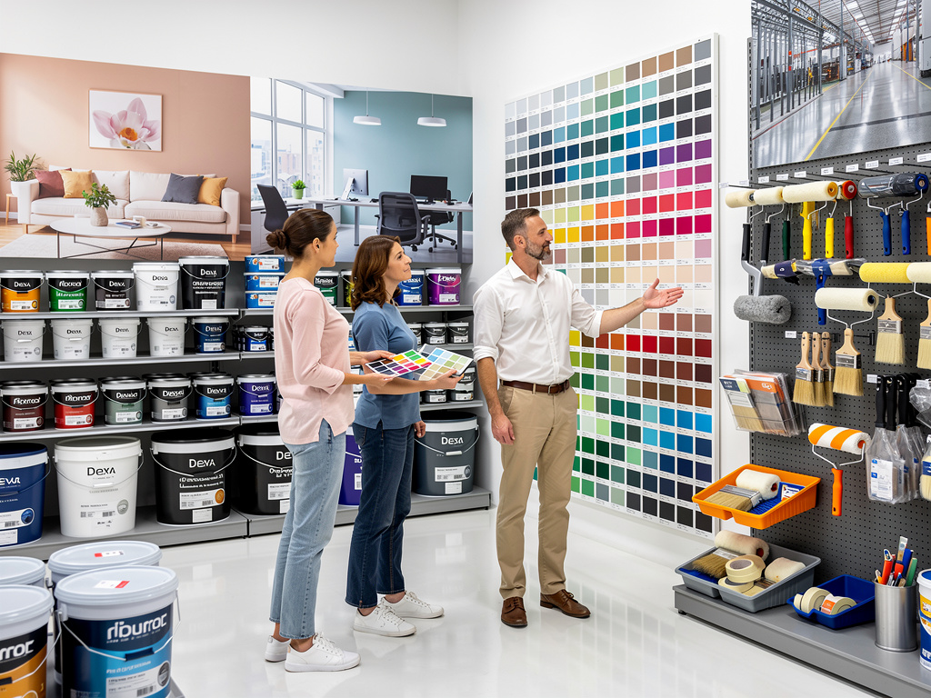 Clientes eligiendo colores de pintura en tienda con muestras, botes de pintura y herramientas de pintor