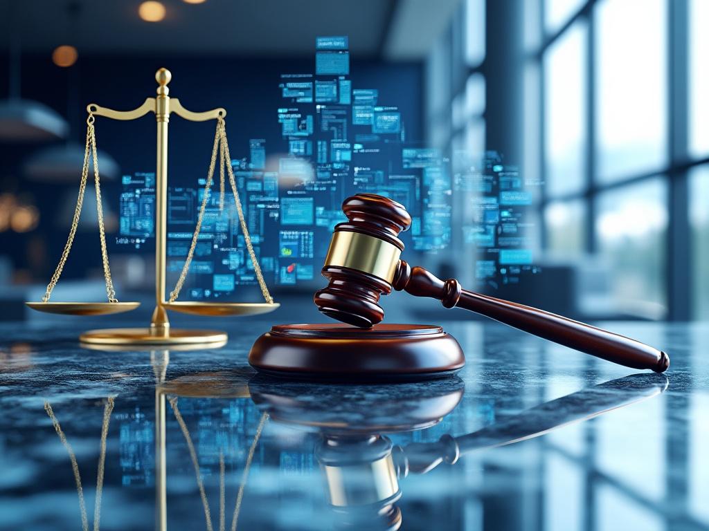 Imagen de un mazo de juez de madera junto a una balanza dorada sobre una mesa oscura, con gráficos digitales en el fondo.