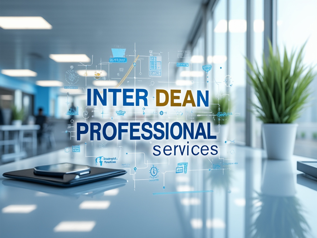 Oficina moderna con mesas, plantas y dispositivos electrónicos, texto 'Inter Dean Professional Services' en el centro.