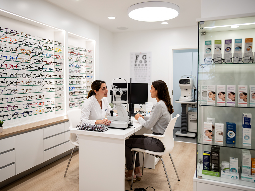 Optometrista atendiendo a una paciente en una óptica moderna con monturas de gafas y equipos de examen visual Optometrista atendiendo a una paciente en una óptica moderna con monturas de gafas y equipos de examen visual