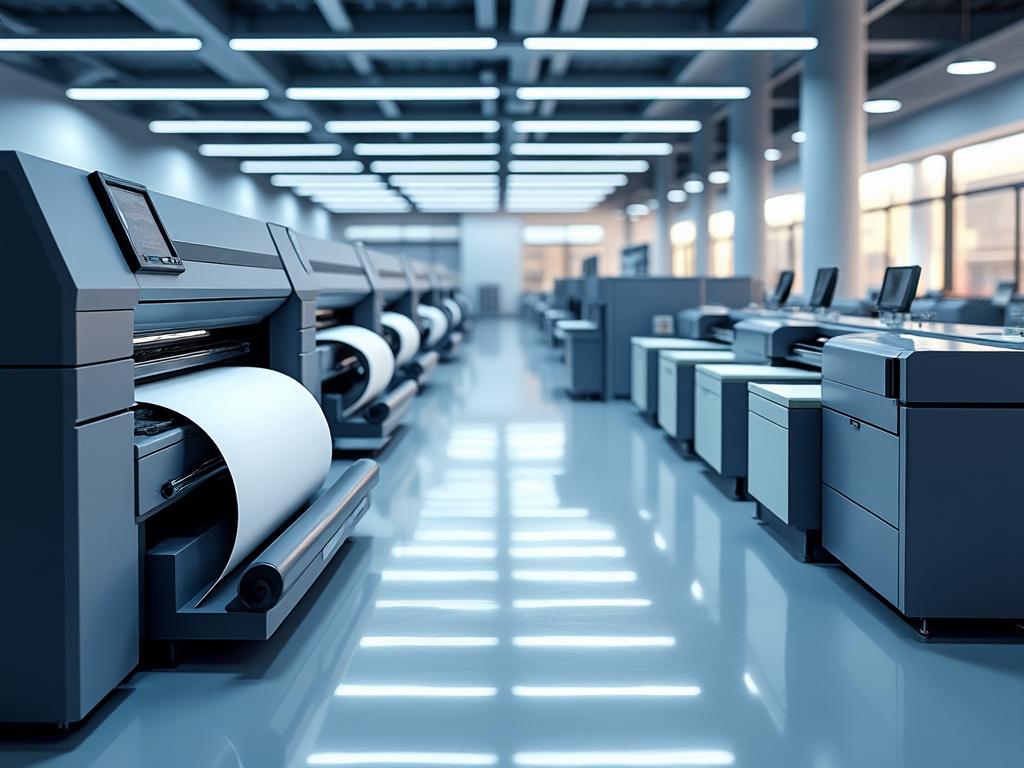 Interior de una sala de impresión moderna con impresoras industriales alineadas y luz brillante.