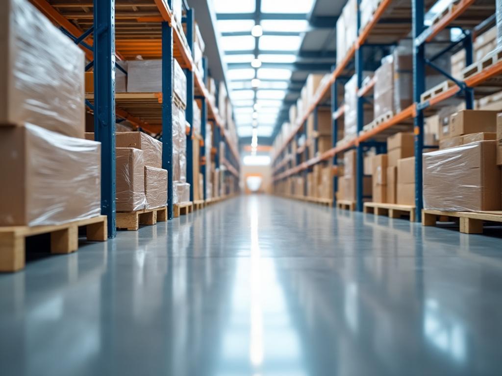 Estanterías de almacén llenas de cajas de cartón en un pasillo iluminado.