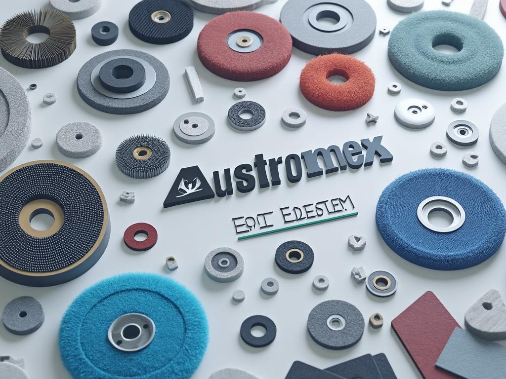 Discos abrasivos y herramientas industriales de diferentes tamaños y colores sobre fondo blanco con el logo de Austromex.