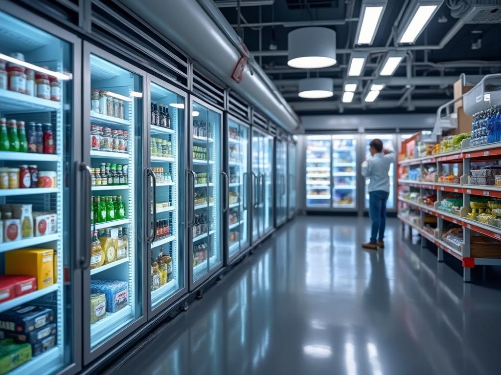 Pasillo de supermercado con vitrinas refrigeradas llenas de bebidas y alimentos, persona comprando al fondo.