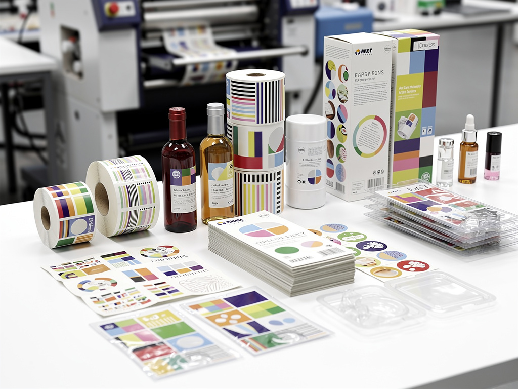 Materiales de impresión y embalaje con etiquetas adhesivas, folletos, envases y muestras de color en imprenta industrial