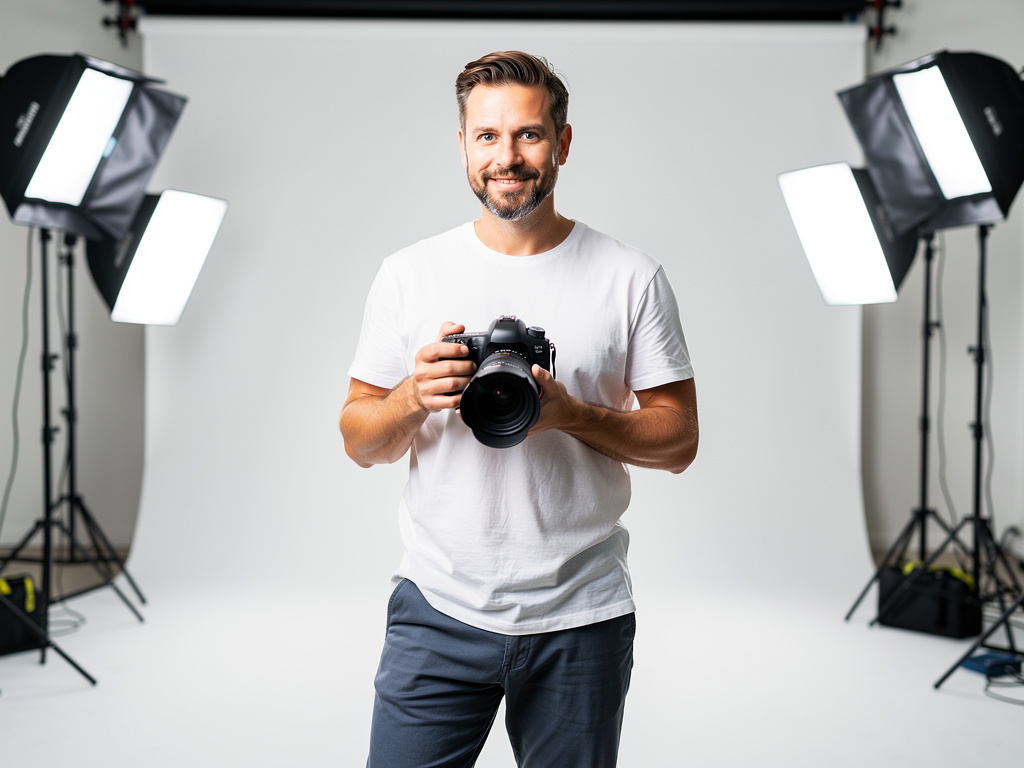 Professional photographer holding DSLR camera in a studio with softbox lighting
