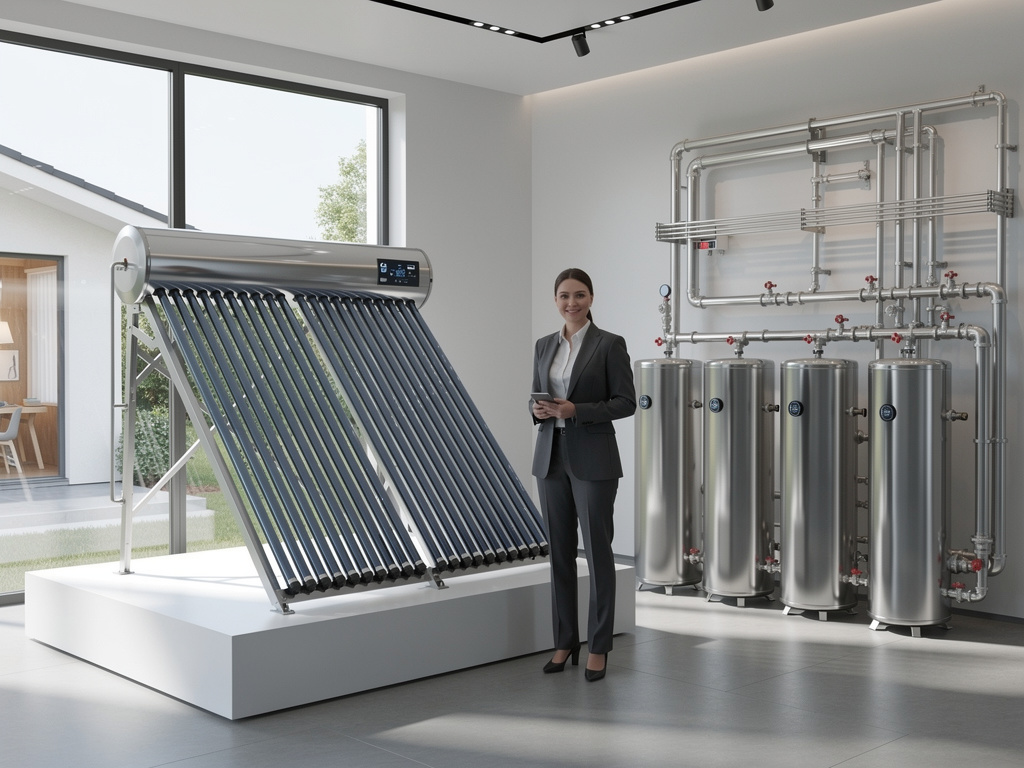 Sistema de calentamiento solar de agua con tubos de vacío, tanques industriales y técnica en sala moderna
