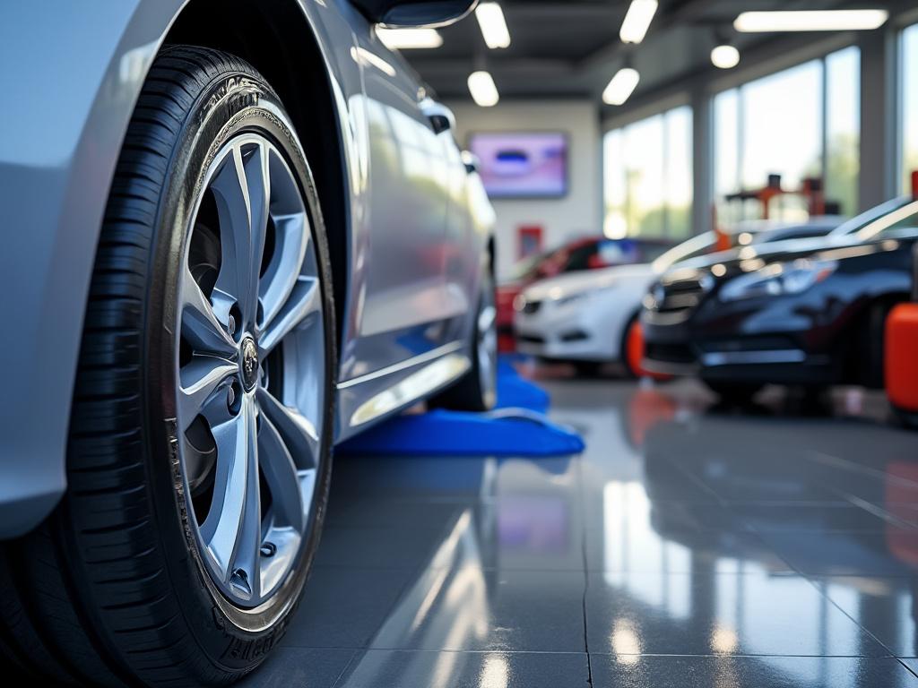 Close-up of a car wheel in a modern showroom with multiple cars on display.