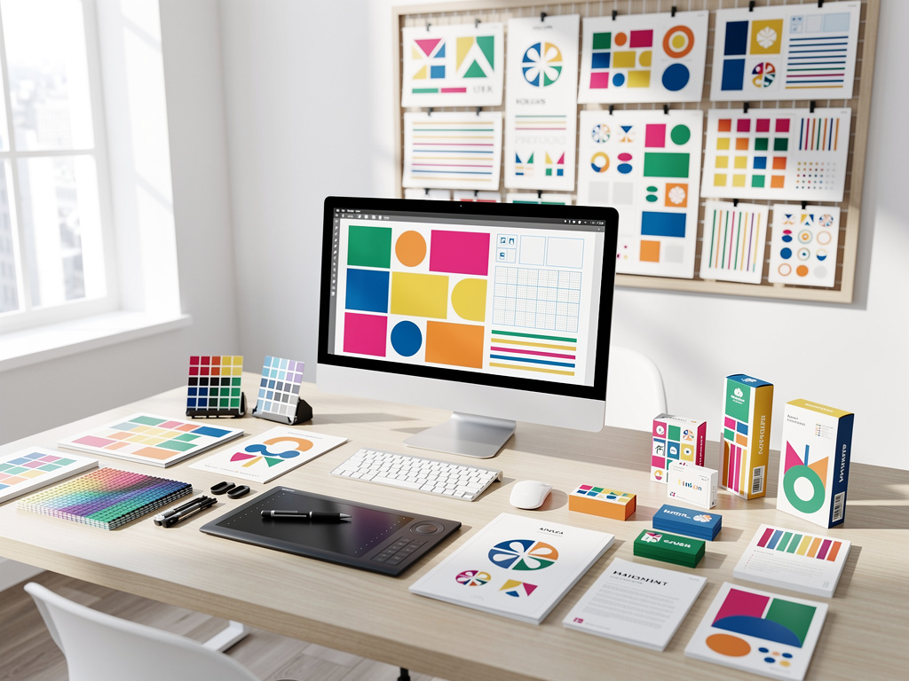 Escritorio de diseño gráfico con monitor mostrando paleta de colores, tableta digitalizadora y materiales de branding
