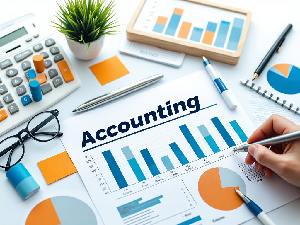 Mesa de oficina con gráficos de barras y circulares, calculadora, gafas, y hoja titulada 'Contabilidad'.