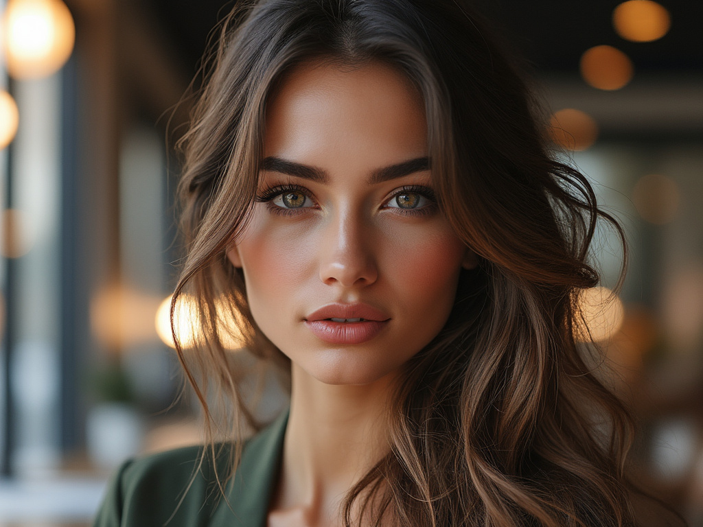 Portrait of a woman with long brown hair and green eyes, wearing a green jacket, in a softly lit environment.