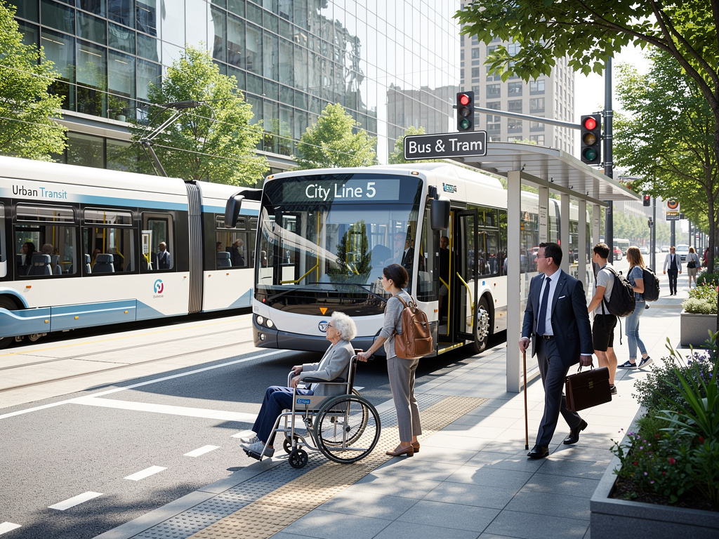Autobús urbano accesible en parada de bus y tranvía con pasajeros, persona en silla de ruedas y edificios modernos