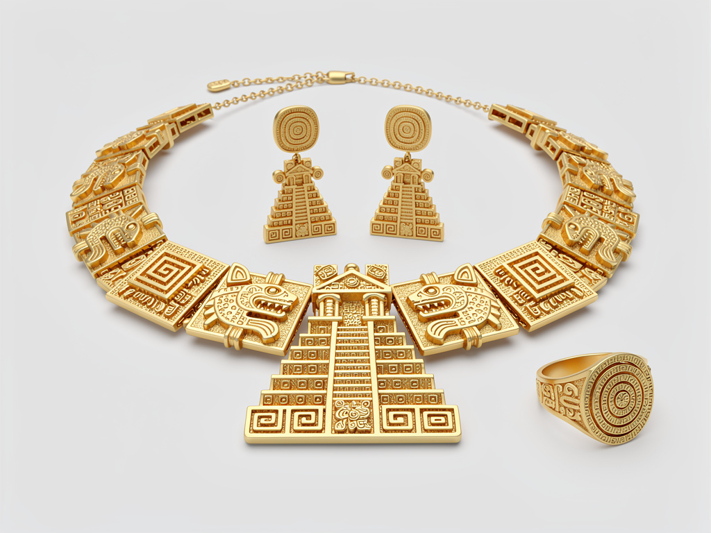 Conjunto de joyería dorada estilo azteca con collar, pendientes y anillo con diseños geométricos y pirámide