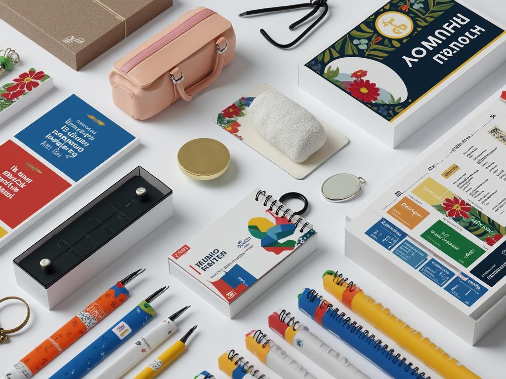 Variados artículos de papelería y accesorios organizados sobre una superficie blanca, incluyendo libretas, bolígrafos, una funda rosa, gafas, y cajas de embalaje.