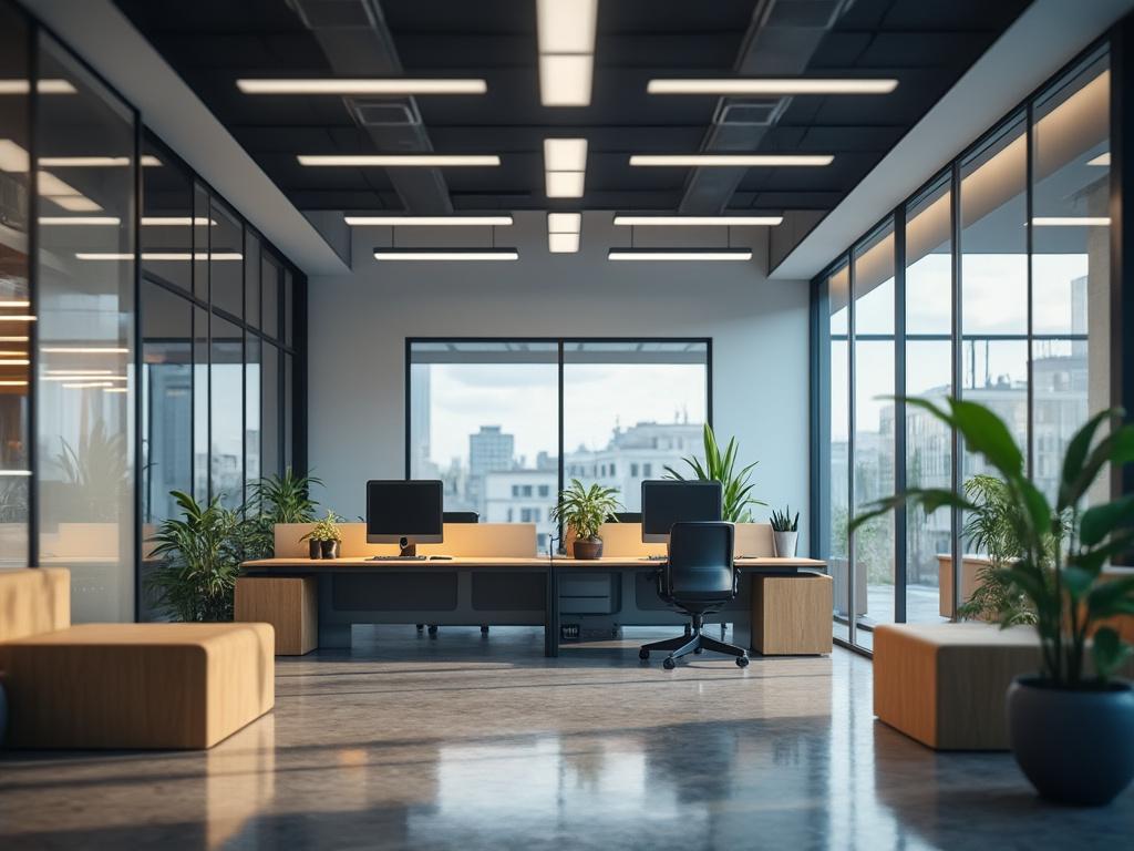 Oficina moderna iluminada con luz natural, mobiliario minimalista y plantas decorativas.