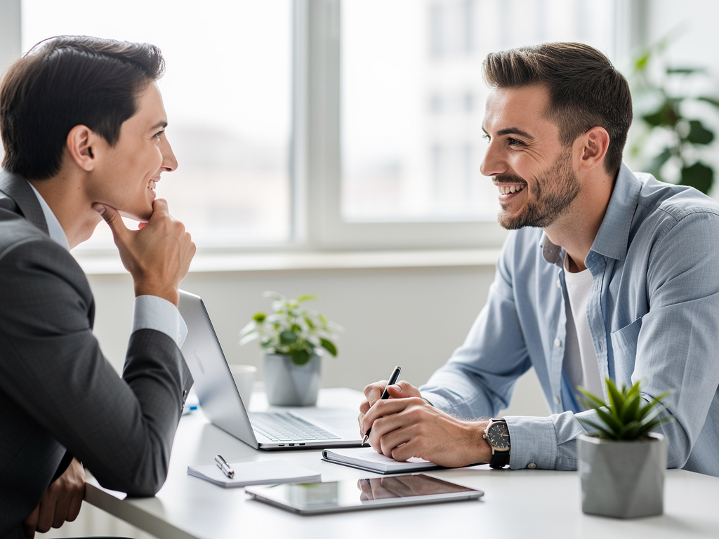 Reunión de negocios entre dos profesionales sonrientes en oficina moderna con portátil, tableta y plantas