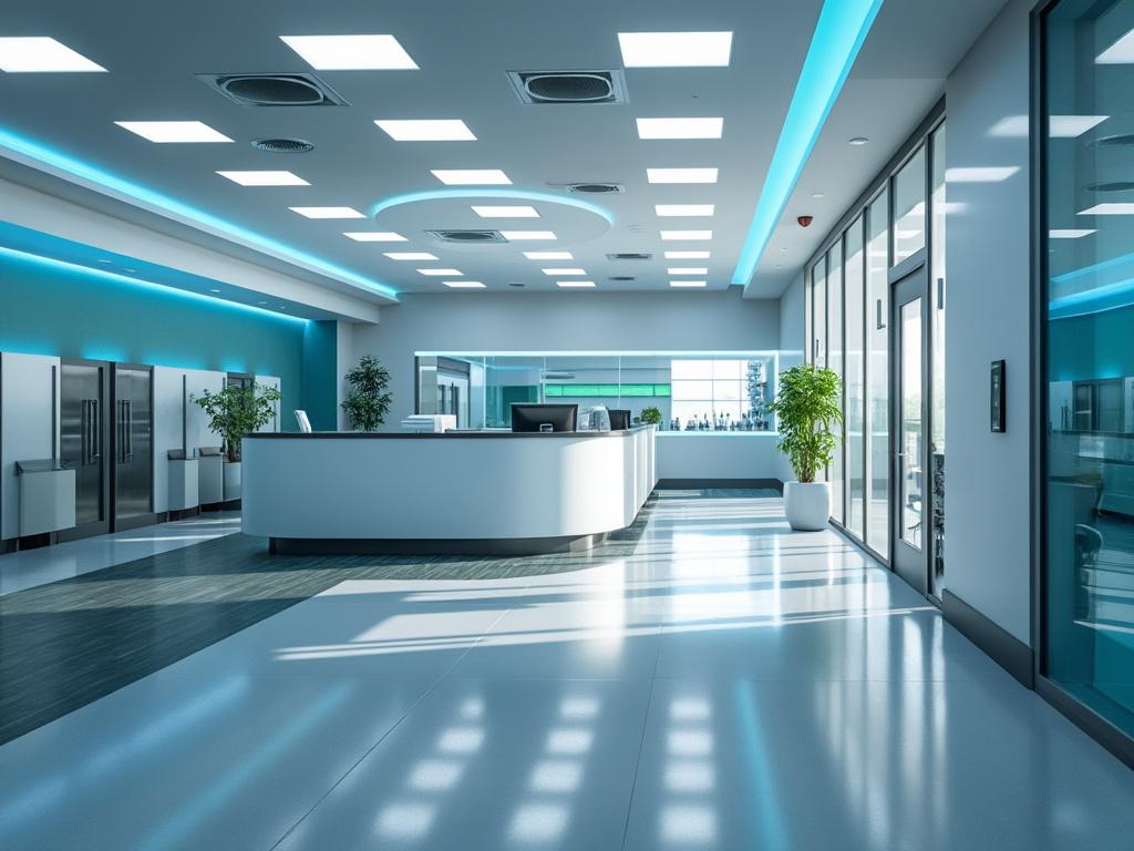 Moderna recepción de oficina con diseño minimalista, techo iluminado y plantas decorativas.