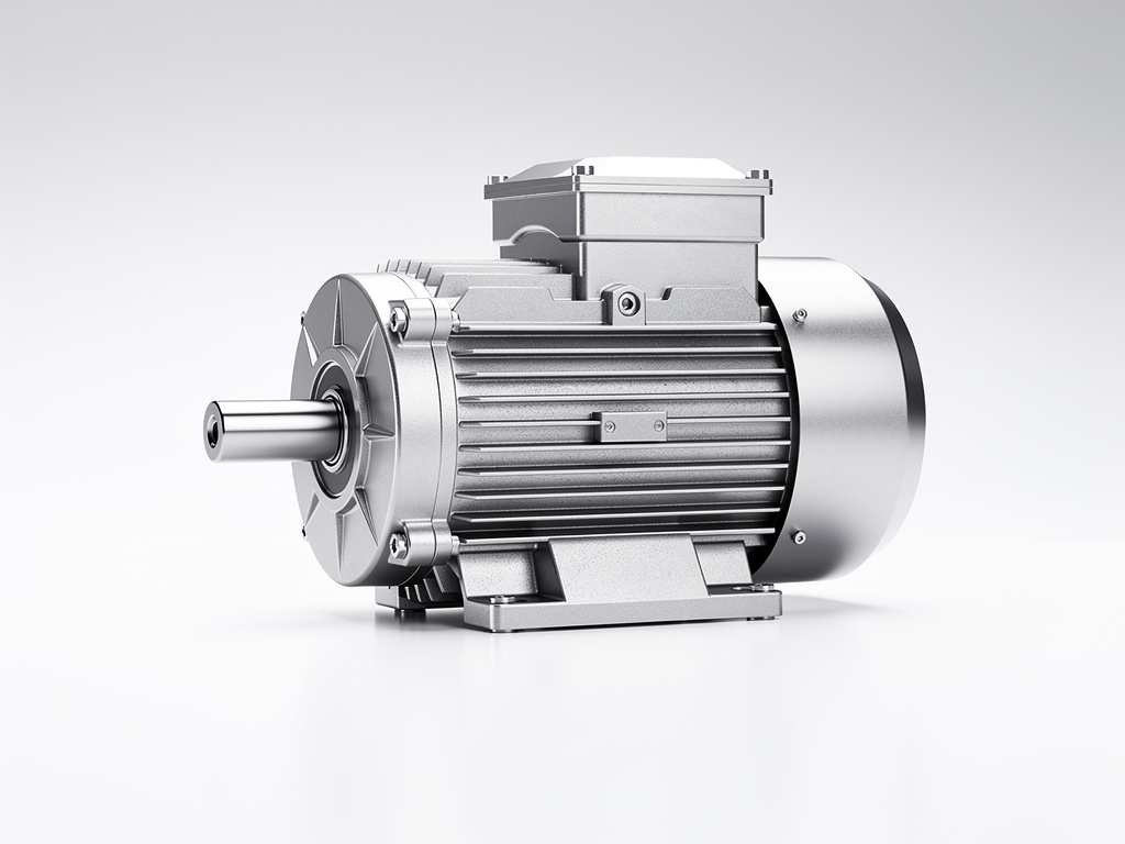 Motor eléctrico industrial plateado con eje frontal y carcasa de aluminio sobre fondo blanco