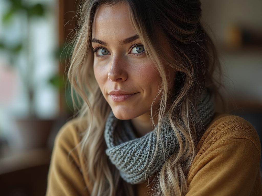 Portrait of a woman with long blonde hair wearing a knitted scarf and mustard sweater, sitting indoors with a blurred background.