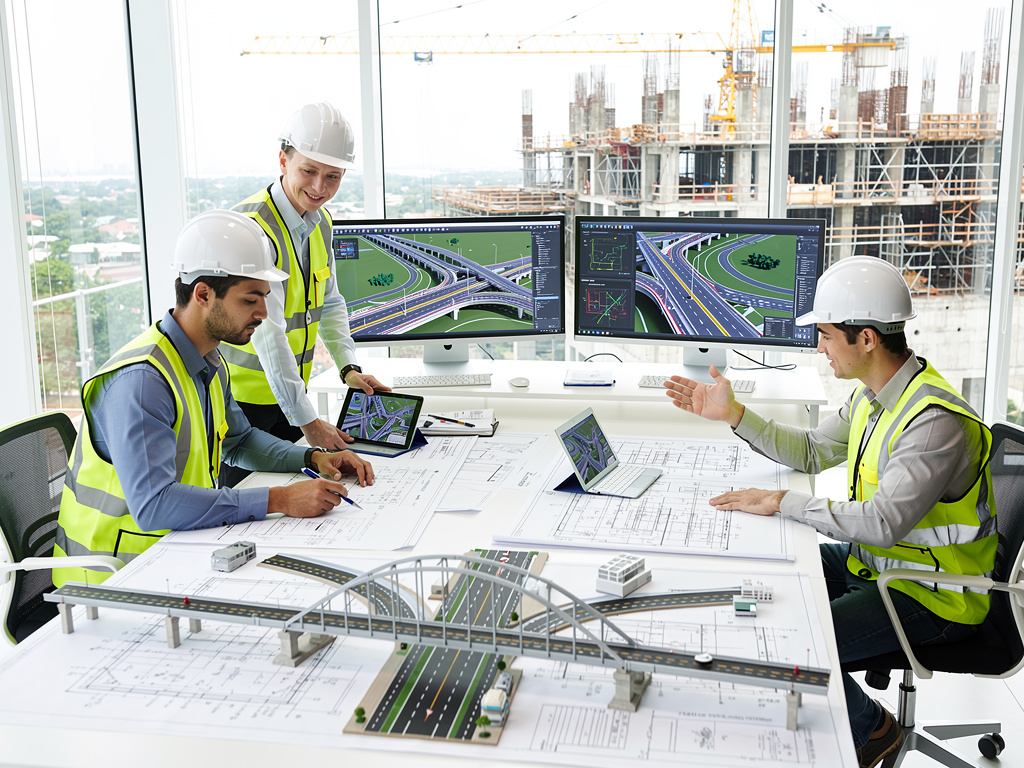 Ingenieros civiles con cascos revisan planos y diseño 3D de puente en oficina frente a obra en construcción