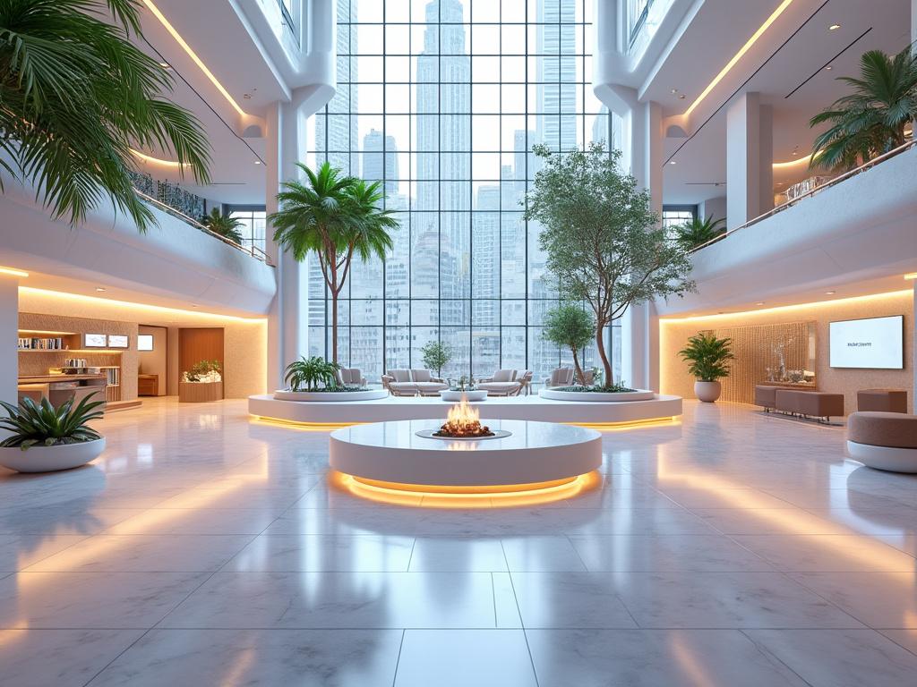 Modern luxurious hotel lobby with tall glass windows, indoor trees, seating area, and central circular fireplace, overlooking urban skyscrapers.