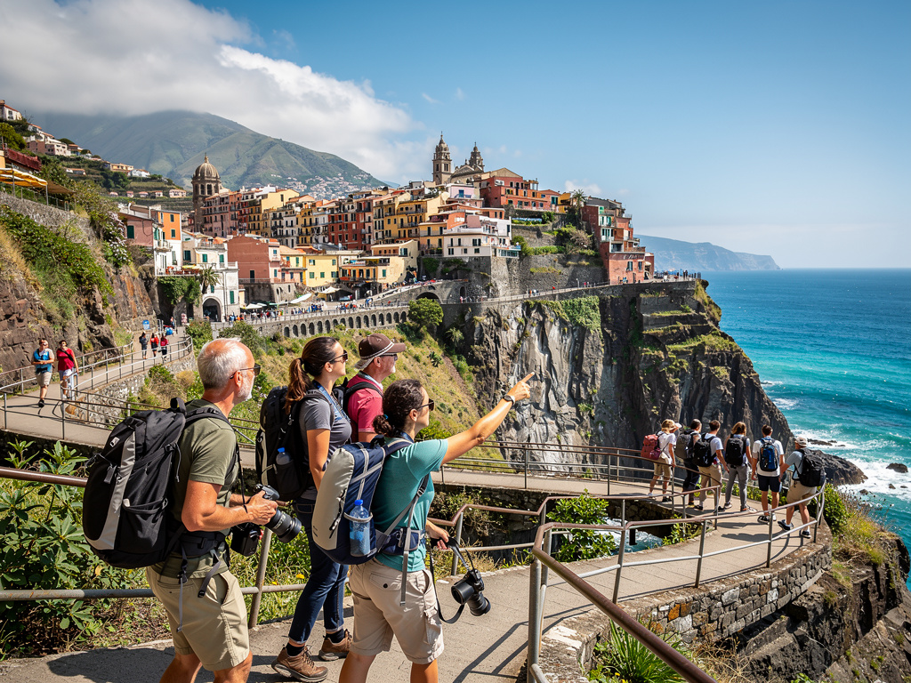Turistas recorriendo sendero costero con vistas al colorido pueblo de Manarola en Cinque Terre, Italia