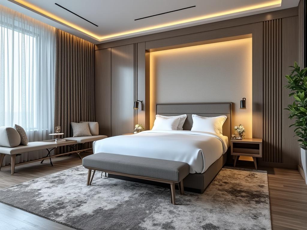 Habitación moderna y elegante con cama doble, luces cálidas, sofá junto a la ventana y decoración minimalista.