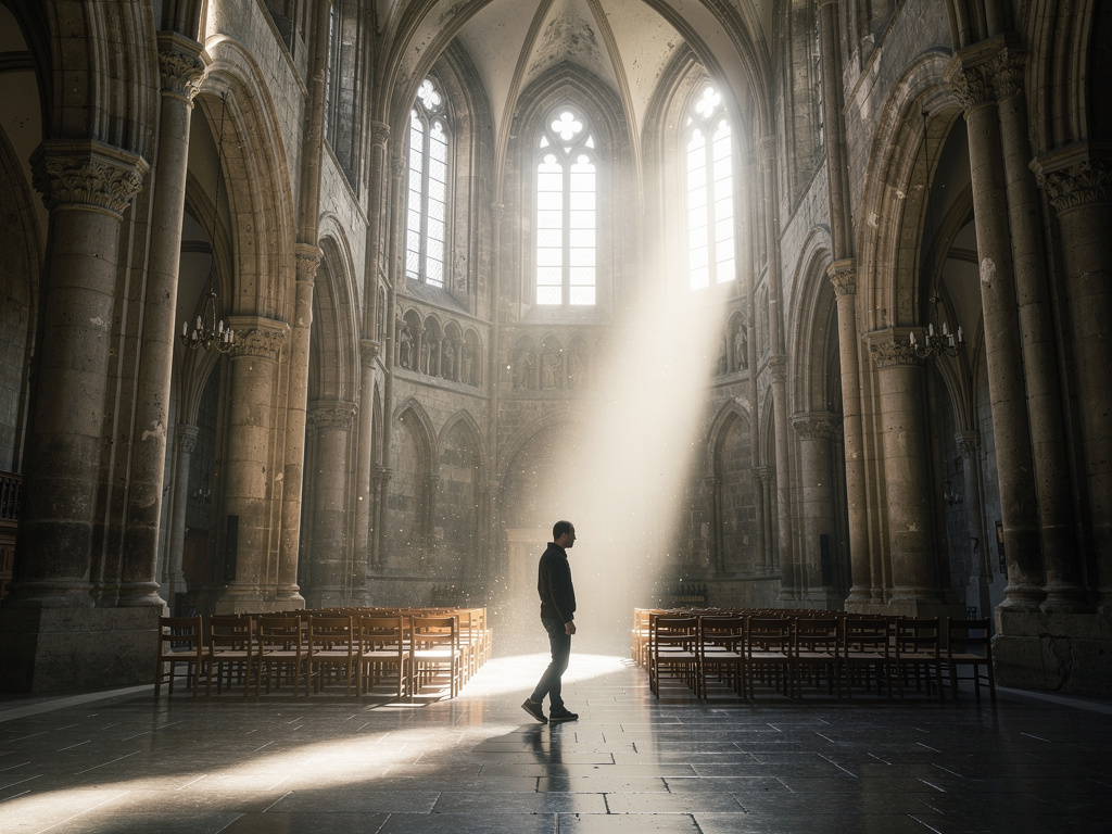 Hombre caminando en una catedral gótica iluminada por rayos de sol entre columnas y bancos de madera