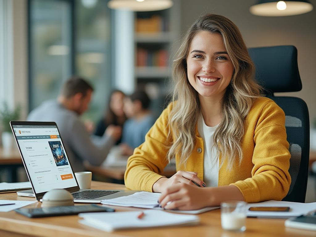 Mujer sonriente con chaqueta amarilla sentada en oficina frente a laptop, fondo de compañeros trabajando.
