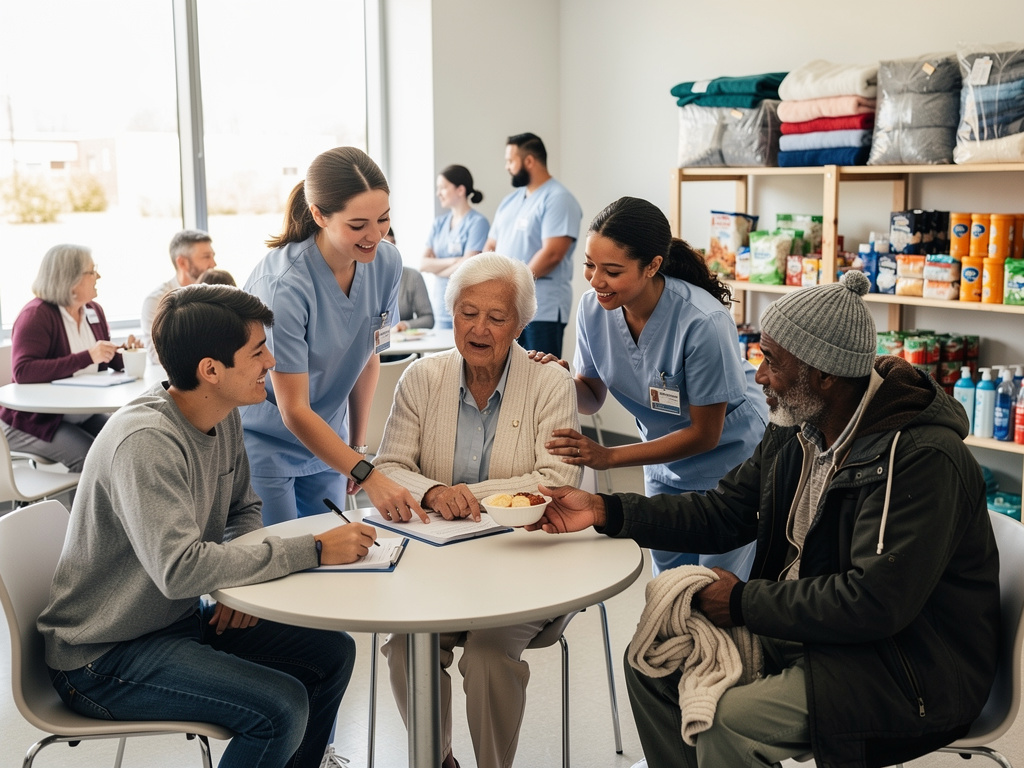 Healthcare volunteers assisting seniors and community members at a food and clothing support center