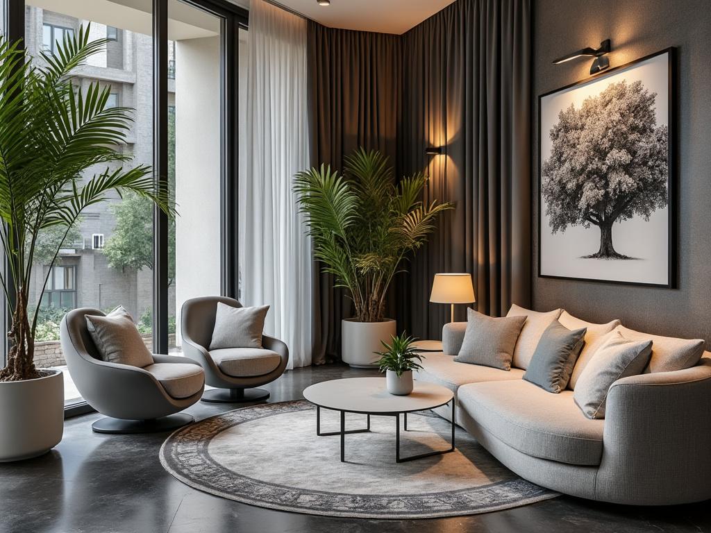 Sala de estar moderna con sofá beige, sillones grises, mesa de centro redonda, plantas altas en macetas y gran ventana panorámica.