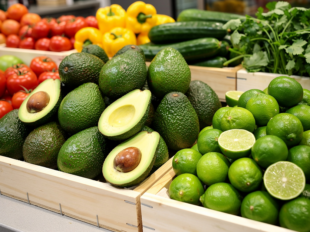 Aguacates y limas frescas en cajas de madera con tomates, pimientos y cilantro en mercado