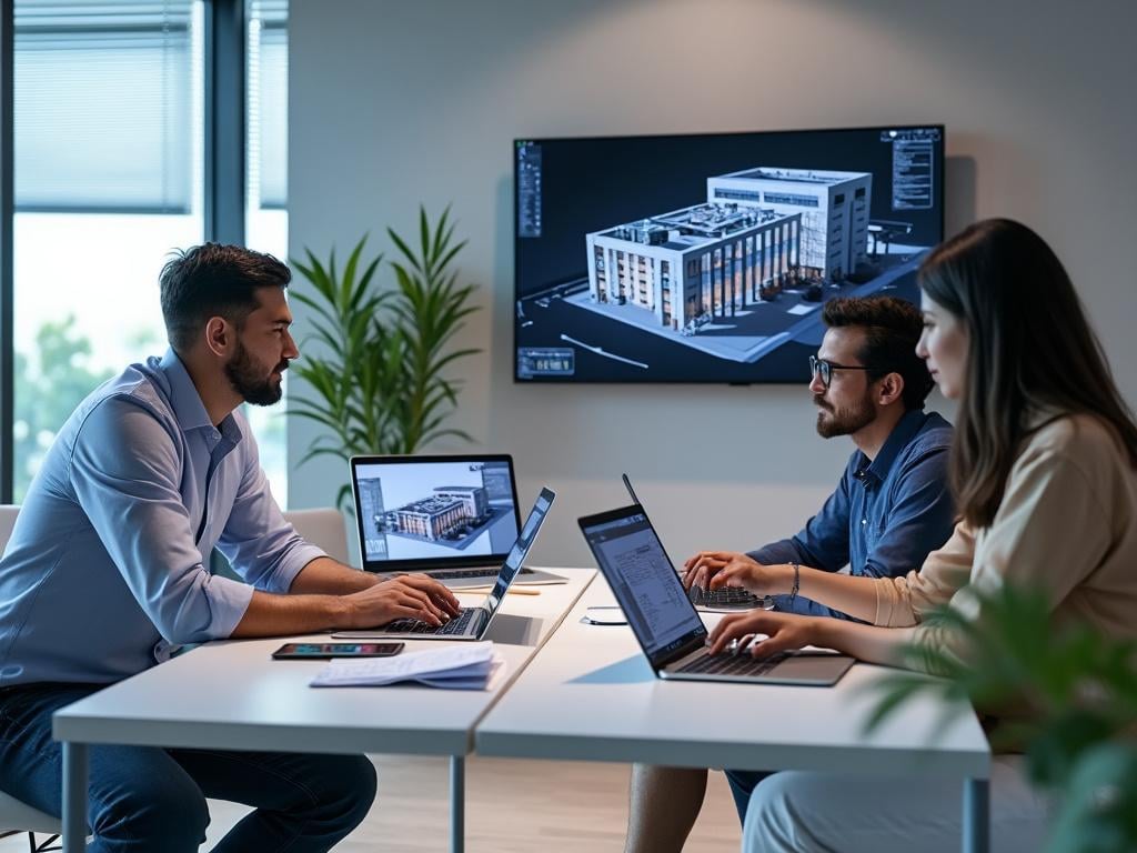 Ingeniero en casco amarillo usando tablet con gráficos en un sitio de construcción moderno.