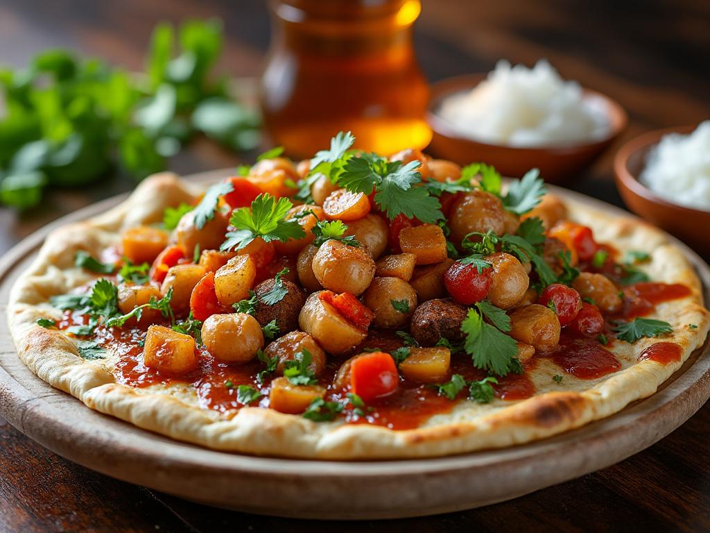 Pizza naan con guiso de garbanzos y cilantro sobre tabla de madera, con ingredientes al fondo.