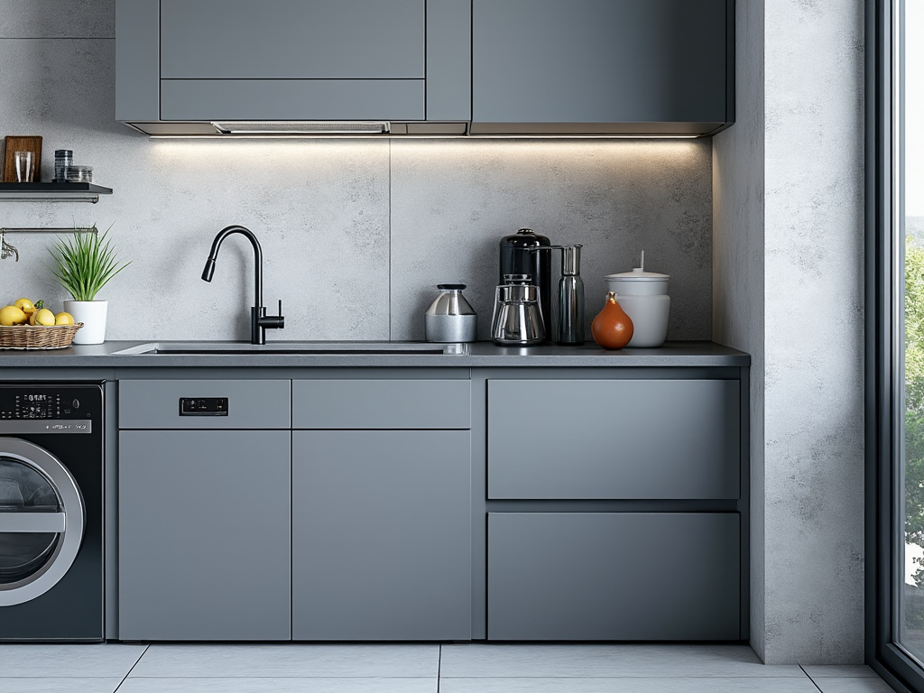 Cocina moderna con armarios grises, fregadero negro, frutas en un cesto y electrodomésticos sobre la encimera junto a una ventana.