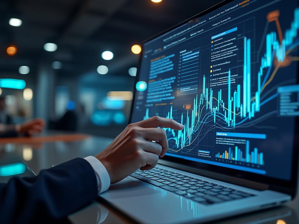 Mano señalando gráficos de datos financieros en la pantalla de una computadora portátil en una oficina moderna y oscura.
