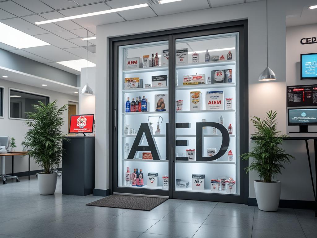 Modern office lobby with a display case featuring various branded products, illuminated by soft overhead lighting, flanked by potted plants and a digital display screen.