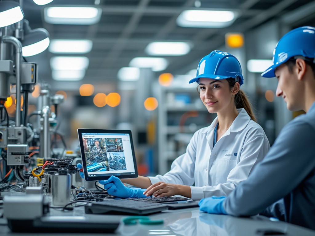 Ingeniera joven con casco azul trabajando en una fábrica moderna, revisando datos en una computadora portátil junto a un colega.