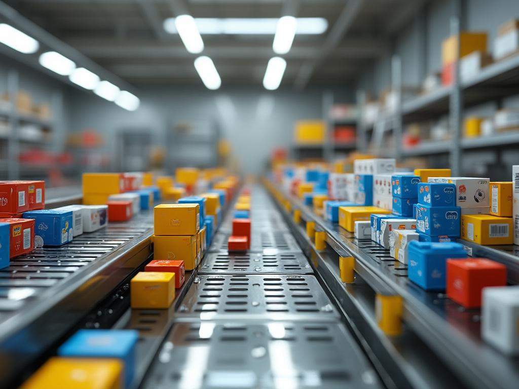Conveyor belt in warehouse with colorful packages, product distribution center