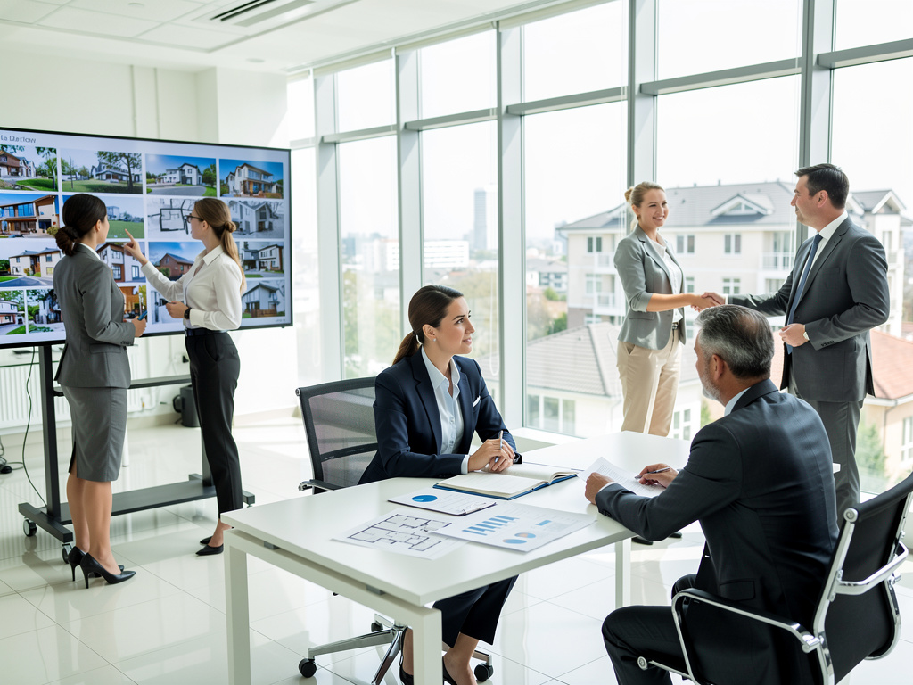 Equipo inmobiliario en oficina moderna analizando proyectos de viviendas y negociando con clientes