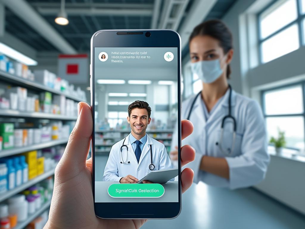 Médico en videollamada en teléfono inteligente dentro de una farmacia, doctora de fondo con mascarilla. Médico en videollamada en teléfono inteligente dentro de una farmacia, doctora de fondo con mascarilla.