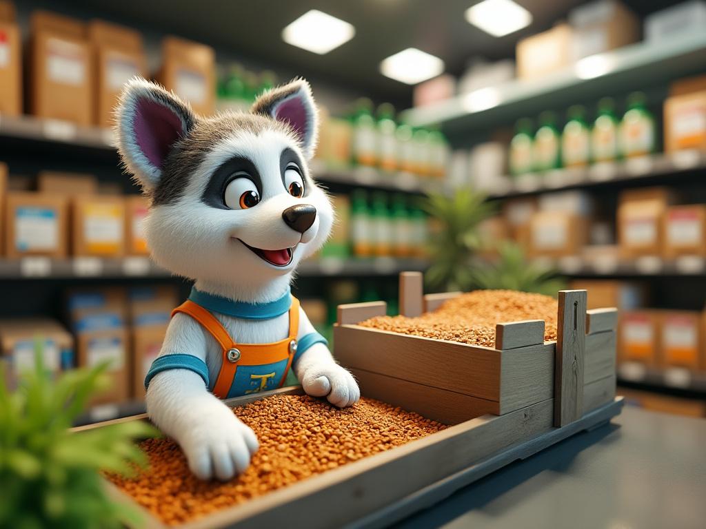 Mapache animado sonriente con overol en una tienda, explorando exhibición de productos y alimentos en estantes.