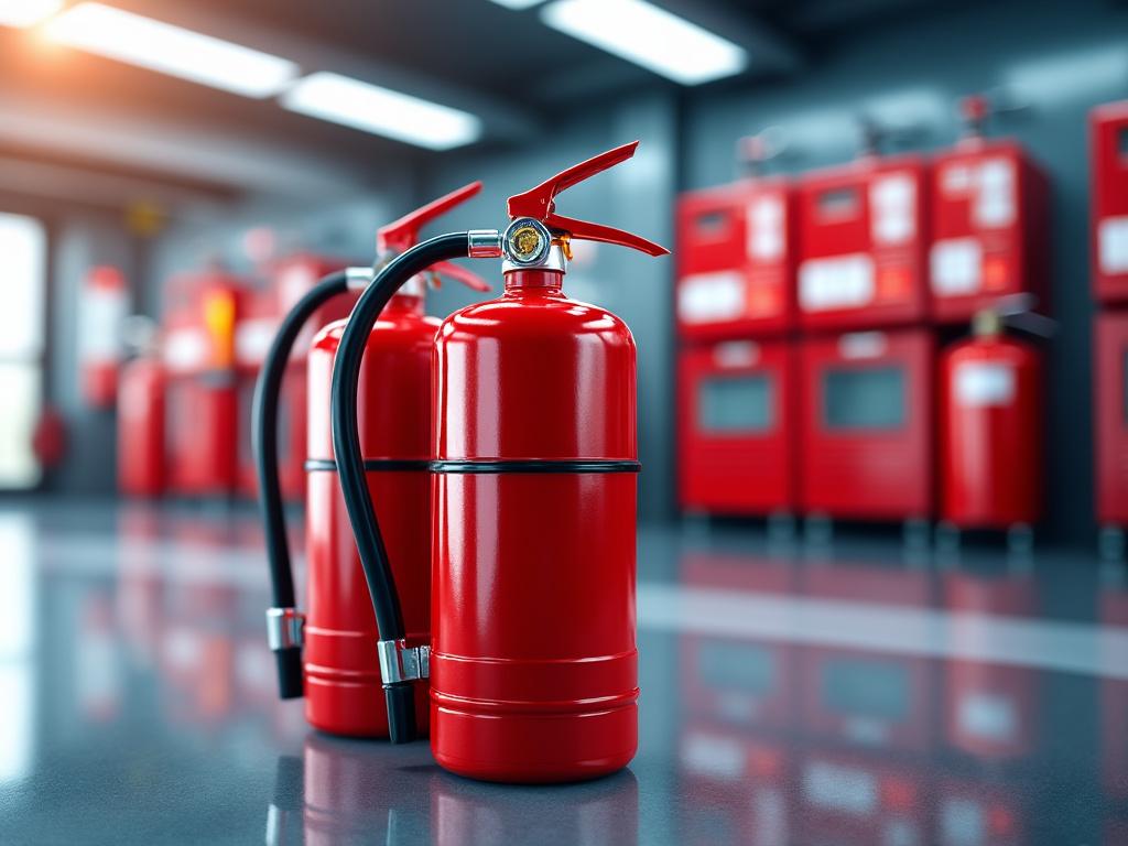 Extintores rojos en fila en un ambiente industrial, con luz suave reflejándose en el suelo.