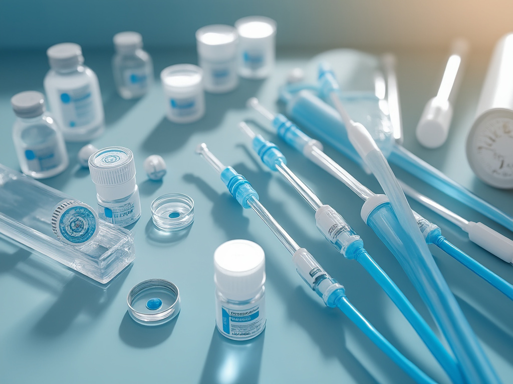 Instrumentos médicos y frascos en un entorno clínico con iluminación suave.
