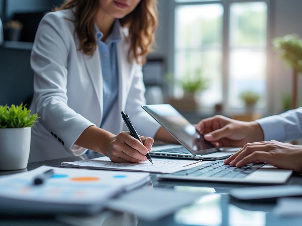 Personas en oficina colaboran con documentos y computadora portátil, luz natural entra por la ventana, entorno de trabajo moderno con plantas.