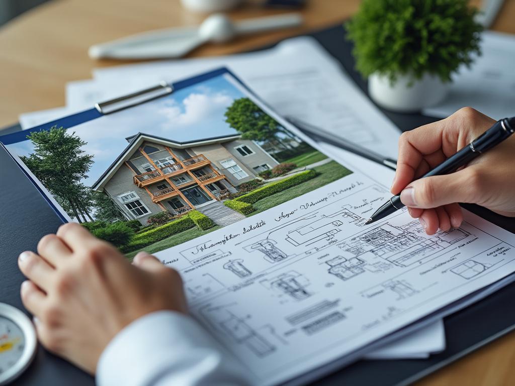 Pessoa revisando projeto arquitetônico e foto de casa em uma prancheta.