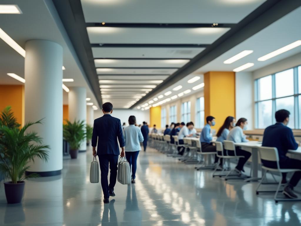 Oficina moderna con empleados trabajando en escritorios, hombre de traje caminando con maletines.